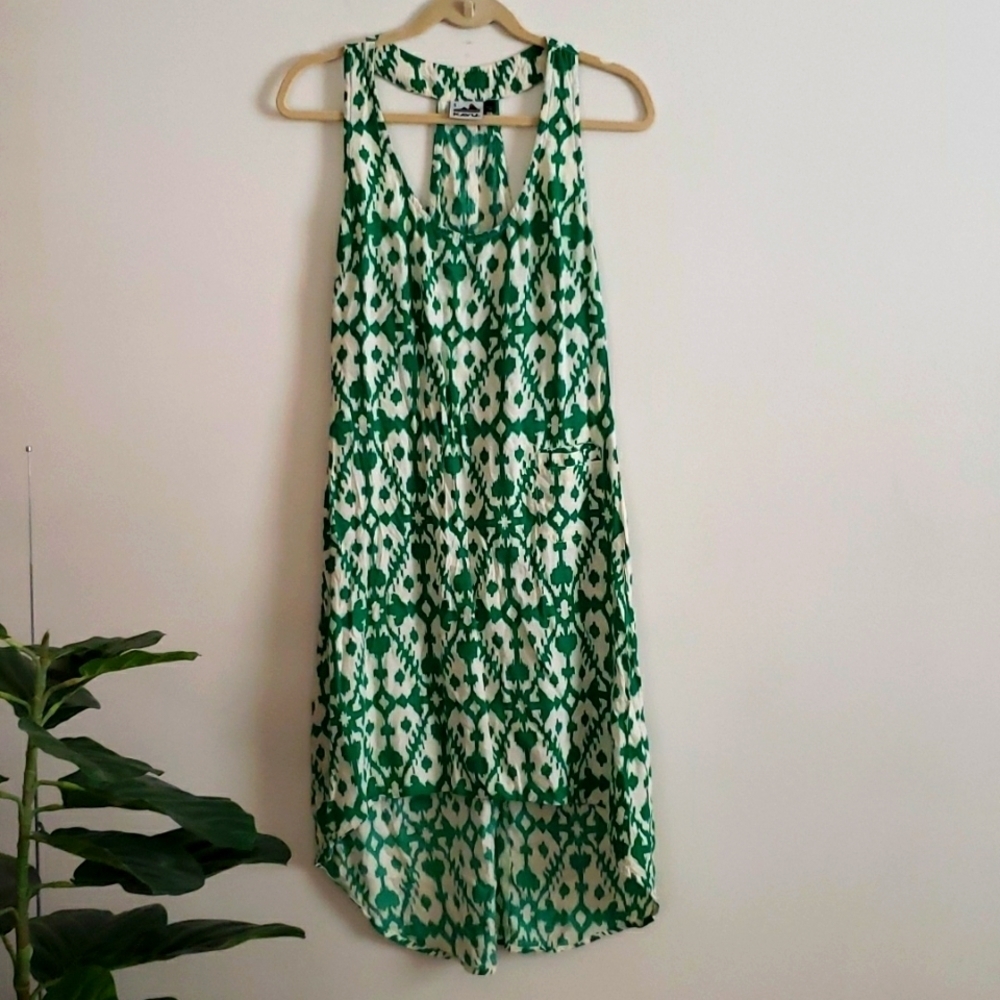 Kavu green and cream racerback high low dress, diamond print women's size small